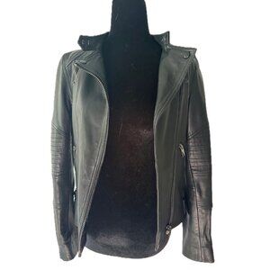 Reiss Taylor Black Lamb Leather Moto Jacket Quilted Sleeve Size 2